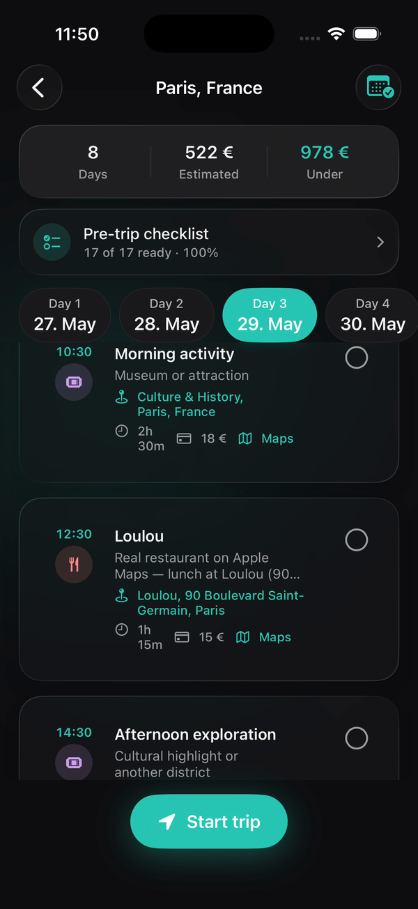 Planoptx AI itinerary with real venues