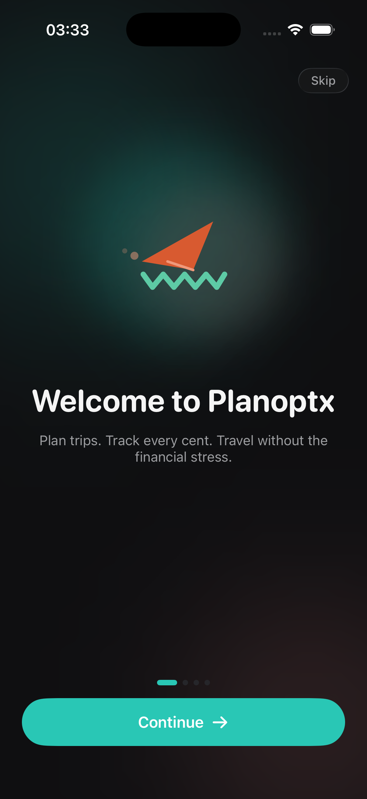 Planoptx onboarding in dark mode
