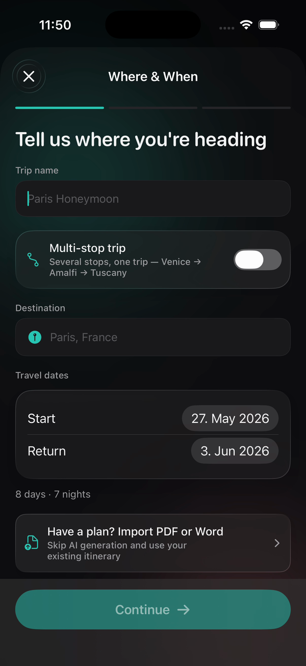 Planoptx trip creation with multi-stop planning